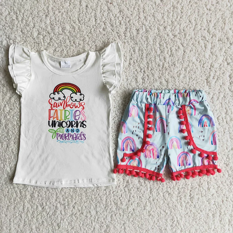 

2021 Summer Fashion Infant Cute Girl Letter Short Sleeve Shirt Rainbows Ruffles Pants Baby Outfit Wholesale Boutique Clothes