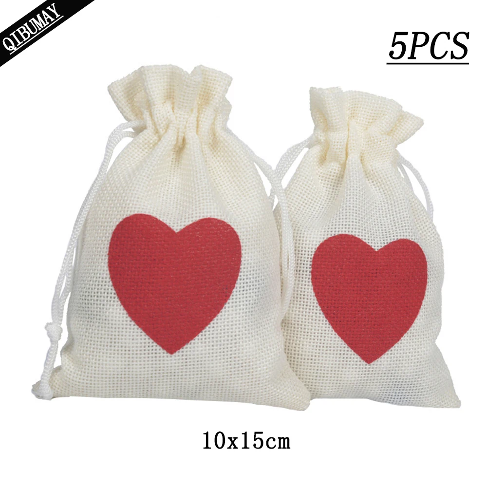 5 шт. Джутовая сумка QIBU в виде сердца с карманами на шнурке для свадьбы дня