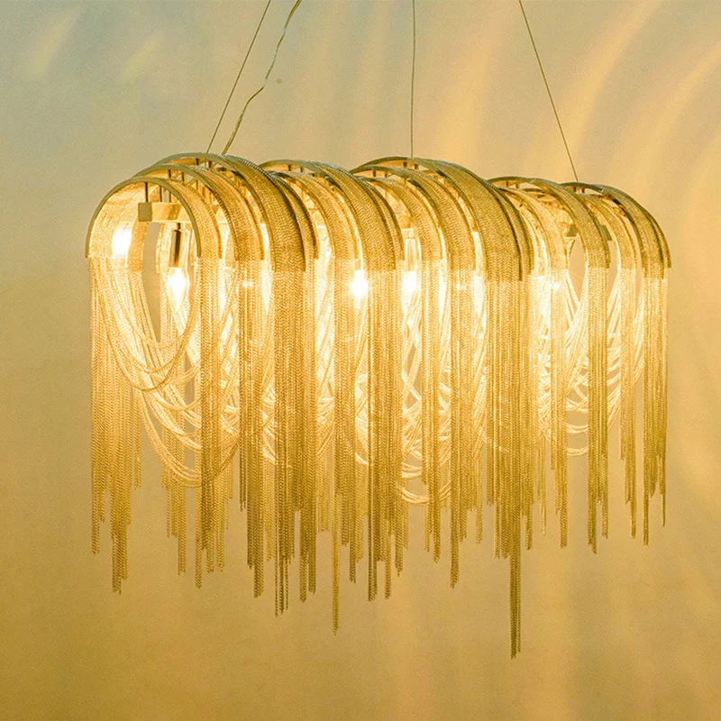 

European chandelier luxury tassel Aluminum chain gold chandelier for home lobby living room Restaurant decoration Droplight