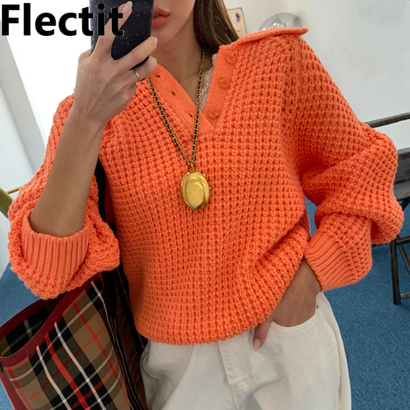 Flectit Bright Solid Color Long Sleeve Half-Button Lapel Collar Jumper Women Sweater Casual Chic Loose Pullovers Knit Tops * | Женская