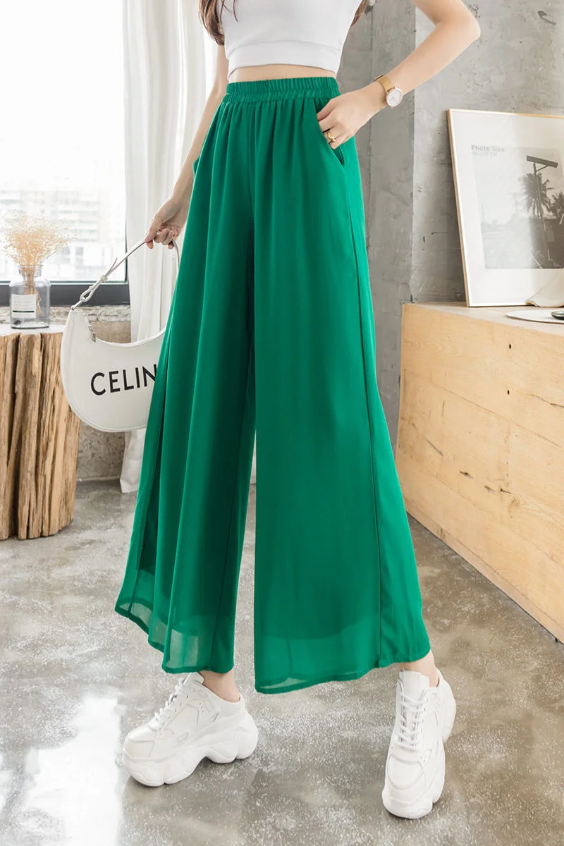 

Double layer Chiffon wide leg pants women's 2021 summer new thin style high waist white drop nine point casual pants