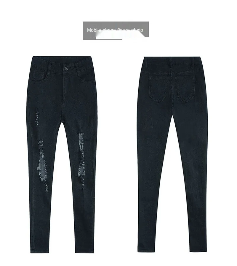 

Women Jeans High Waist Stretch Skinny Knee Holes Denim Pencil Pants Boyfriend Washed Elastic Slim Trousers 2021 New Black