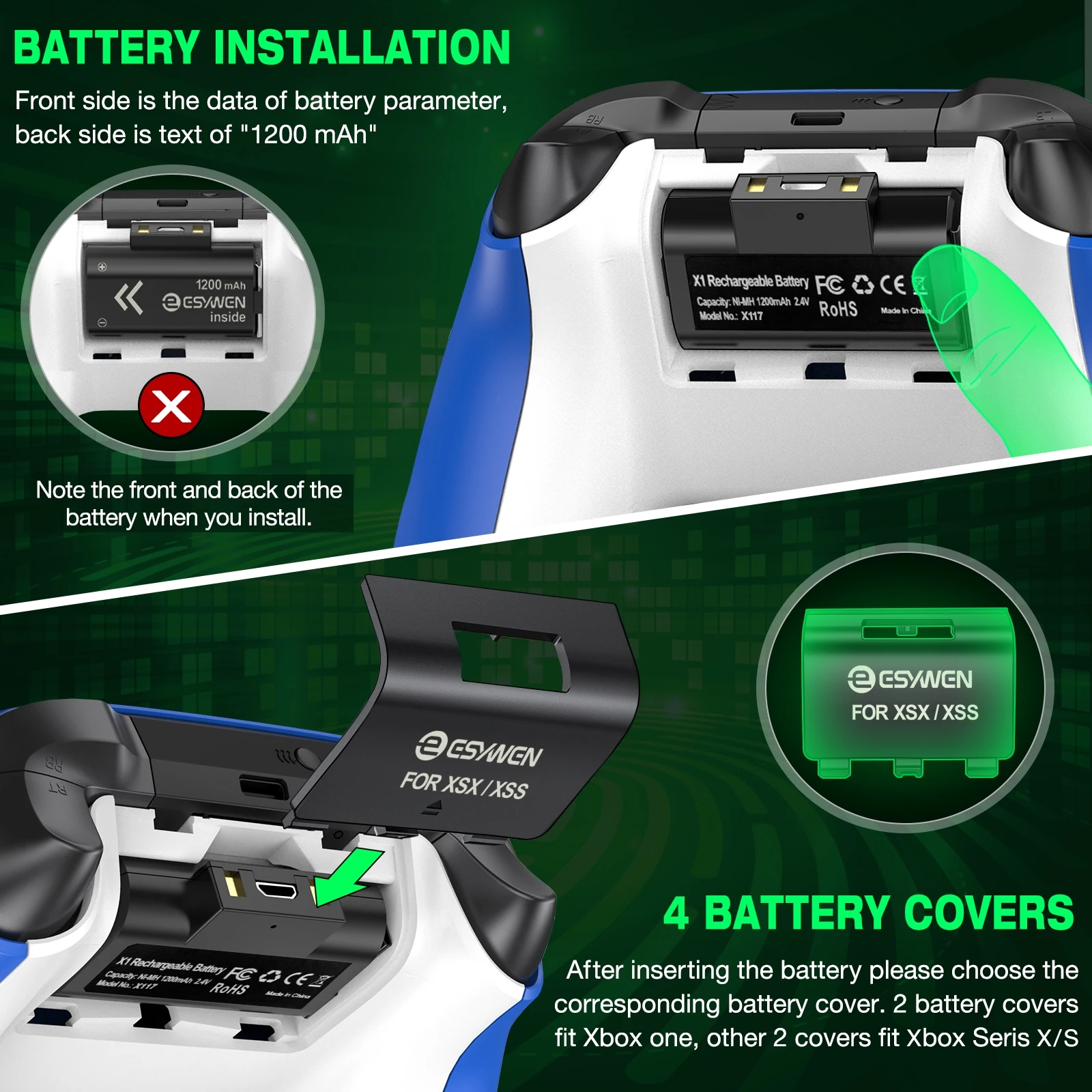 2X1200mAh Rechargeable Battery Packs For Xbox Series X|S/Xbox One X/S + 4 Battery Covers For Xbox One Charger Kit With USB Cable