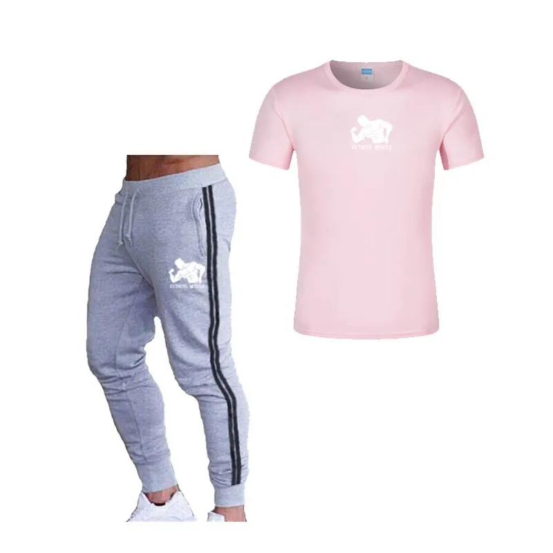 

new fashion stripes pants 2 piece suit men gym compression tshirts and sweatpants sets fitness muscle brand print sets