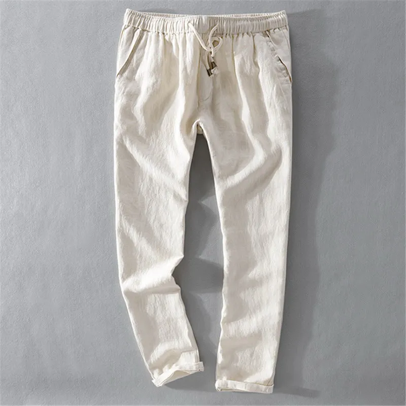 

Men's casual pants 2020 new men's casual pants lanyard pure linen Capris solid color thin breathable Leggings increase size 40
