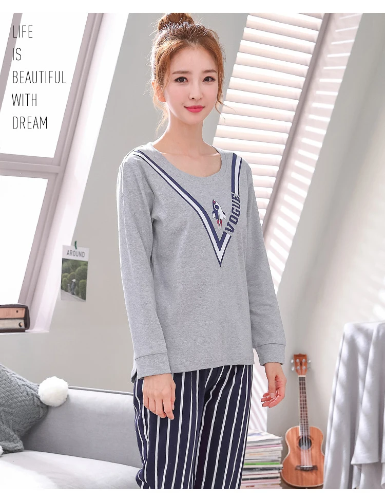 Пижамные комплекты для женщин с круглым вырезом Pijama Mujer пижама с длинным рукавом весенняя Хлопковая пижама Femme Повседневные наборы пижам комплект из двух предметов