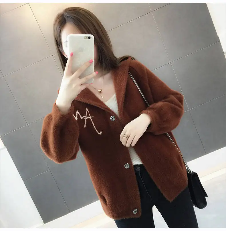 Women Mink Fur Jacket Autumn Winter Women Coat Loose Embroidered Thick Velvet Hooded Sweater Female Cardigan