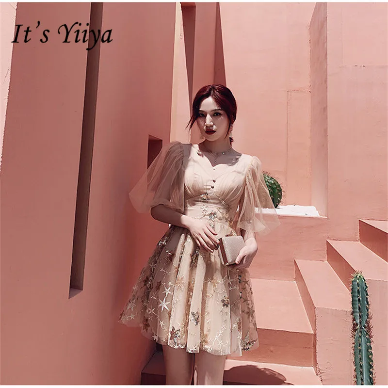beige It's Yiya платье для выпускного вечера v-образный вырез с коротким рукавом женские вечерние короткие платья элегантные блестки кружева Vestidos de gala E798 - Цвет: beige