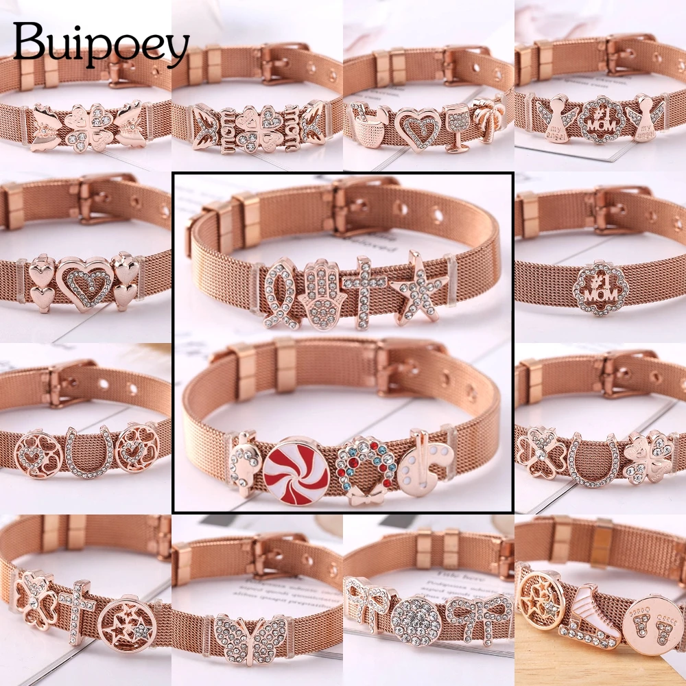 

Buipoey Rose Gold Stainless Steel Charm Bracelets For Boys Girl Original Cross Heart Angel Kids Child Bracelet Women Jewelry