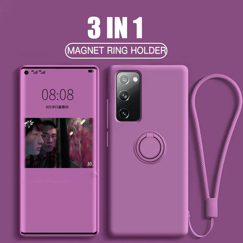 

Liquid Silicone Ring Holder Phone Case For Samsung A51 A71 A52 A72 S20 FE S21 S10 S9 S8 Plus Note 20 10 Soft Strap Cover