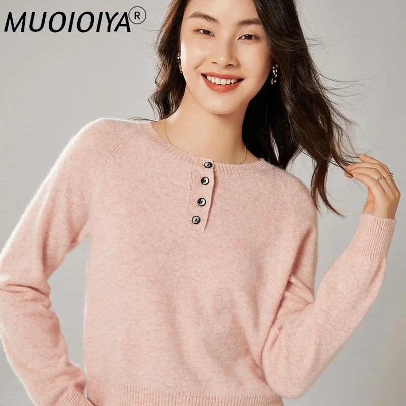 

100% чистый меринос, Женский Короткий Джемпер с круглым вырезом и пуговицами, зима 2022, новые модные пуловеры с длинным рукавом