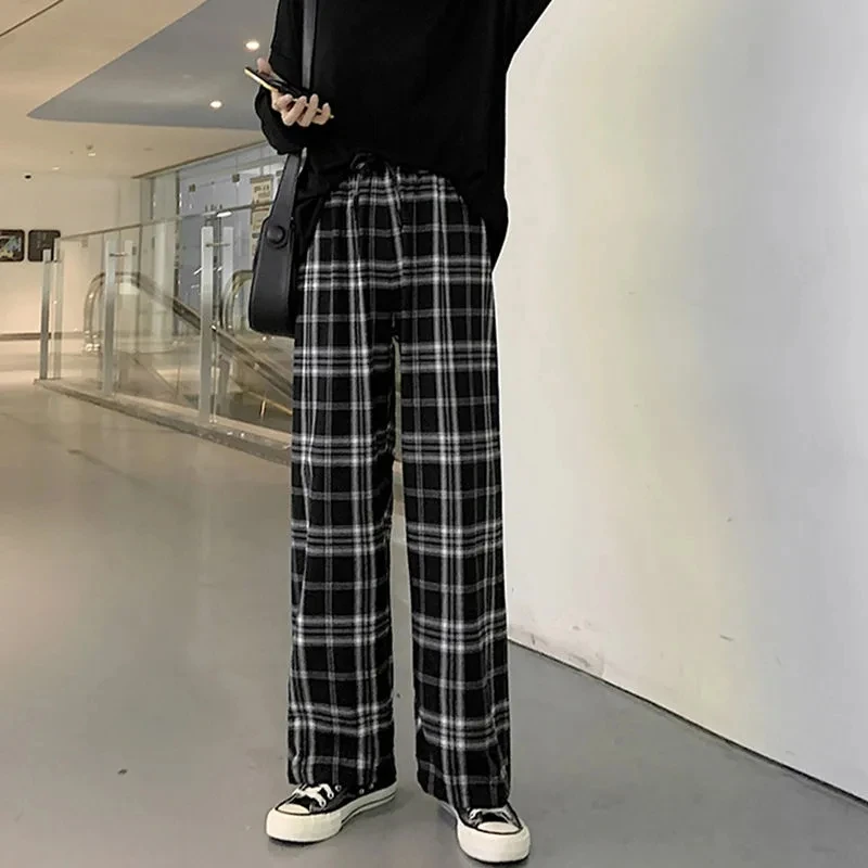 

Plaid Leg Width Pants Plus Size Loose Korean Clothing Harem Pants Women Harajuku Fashion High Waist Trousers Black Streetwear