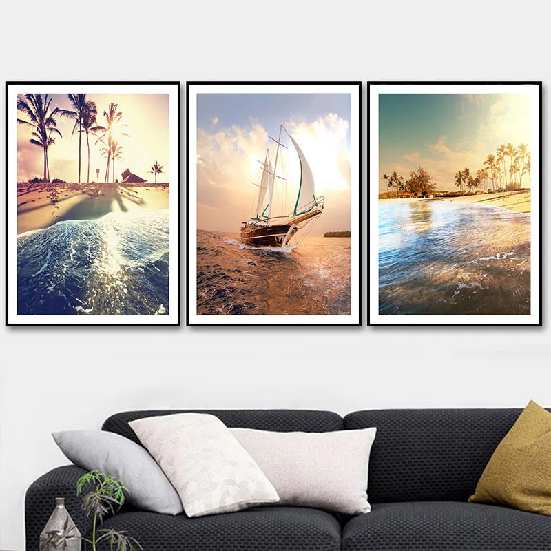 

Scandinavian Poster Prints Canvas Painting Nordic Wall Art Picture Landscape Sunset Seascape Tropical Tree Ship Room Home Decor