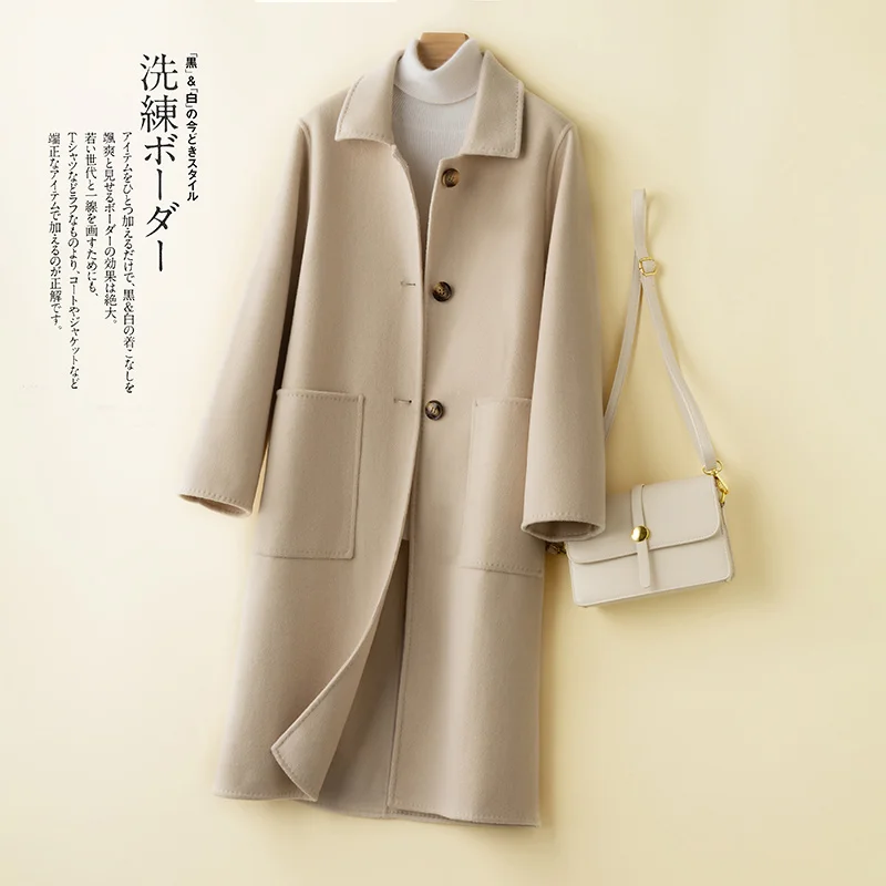 

Double sided woolen coat women's middle and long 2021 new high-end Hepburn aging doll collar wool coat