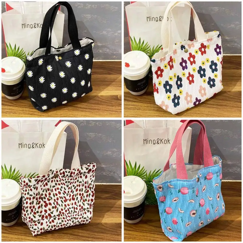 

New Mini Handbag Wrinkle Shopping Bag for Girl Fresh Small Cotton Ruffle Tote Flower Print Lunch Bag Everyday Foldable Cloth Bag