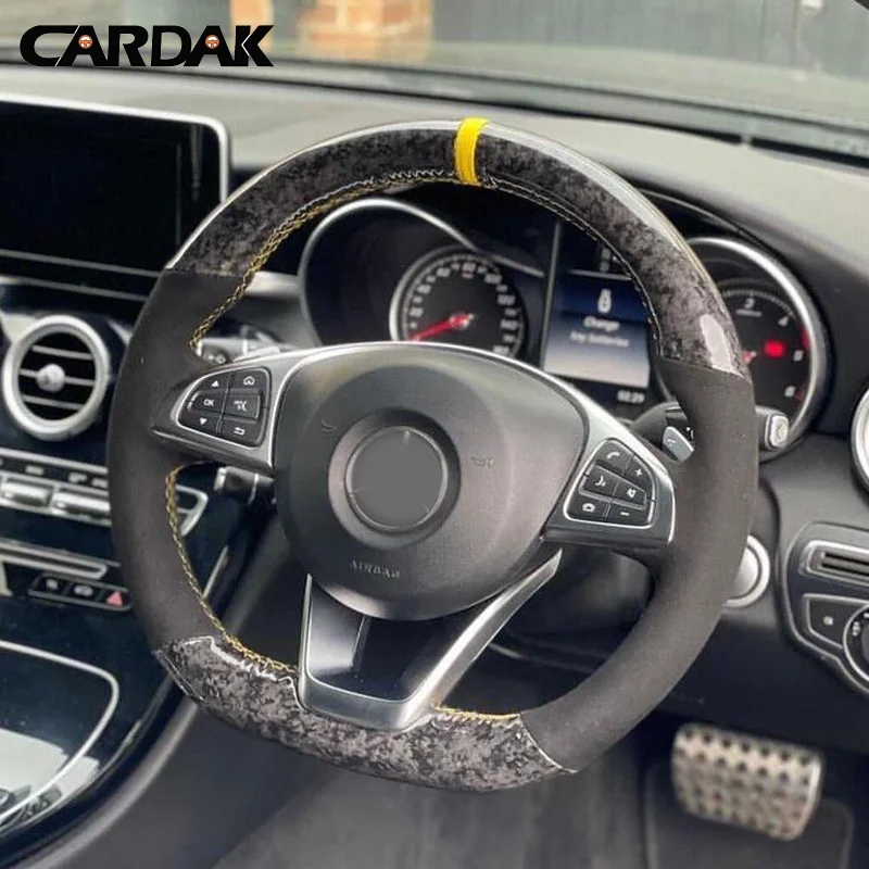 CARDAK DIY Sew Black Suede Forged Carbon Customized Steering Wheel Cover For Benz AMG C C200 GLC260L E E300L S Car Accessories