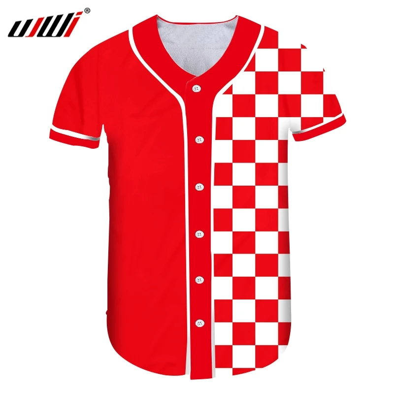 

UJWI Summer Man New Button T-shirt Short 3D Printed red white plaid Streetwear oversize Costume Unisex Baseball Shirt wholesale