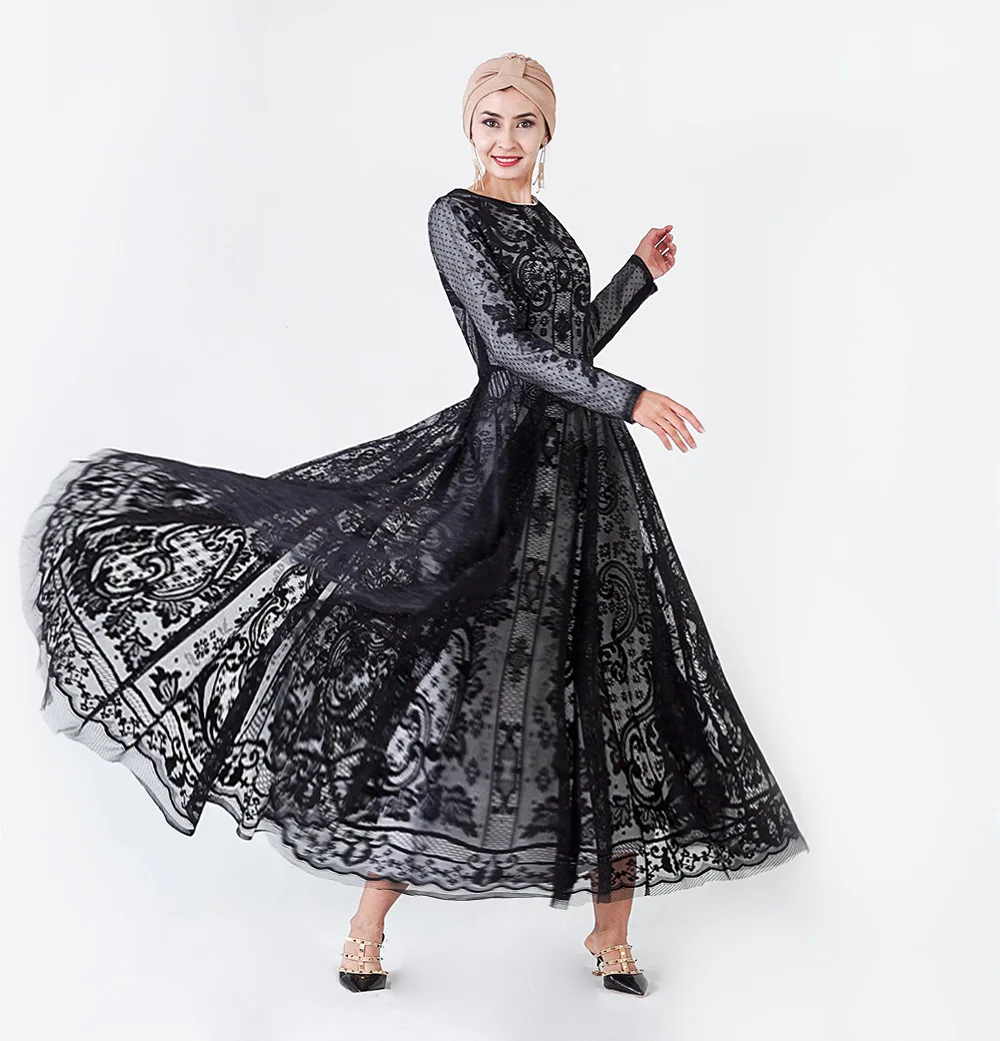 2019 высококачественное черное кружевное мусульманское платье для женщин абайя