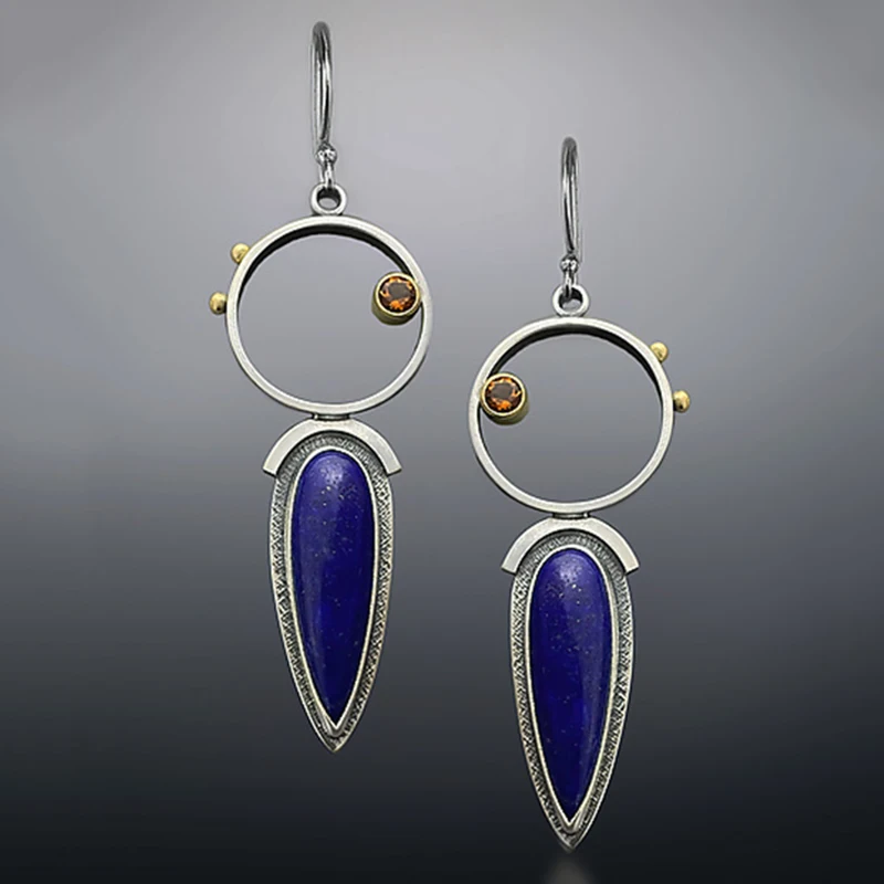 

Natural Navy Blue Stone Tribal Long Teardrop Earrings Retro Jewelry Hollow Round Orange Crystal Dangle Earrings for Women