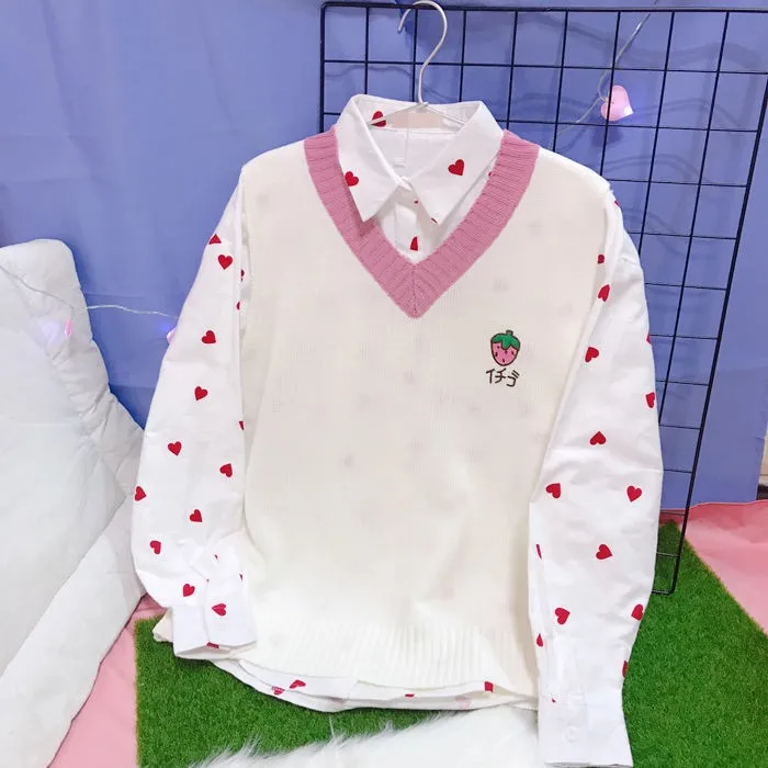 

Sweater Vest Women Long Sleeve V-neck Kawaii Printed Solid Knitting Leisure Sweet Cute Students School Streetwear Clothing Women