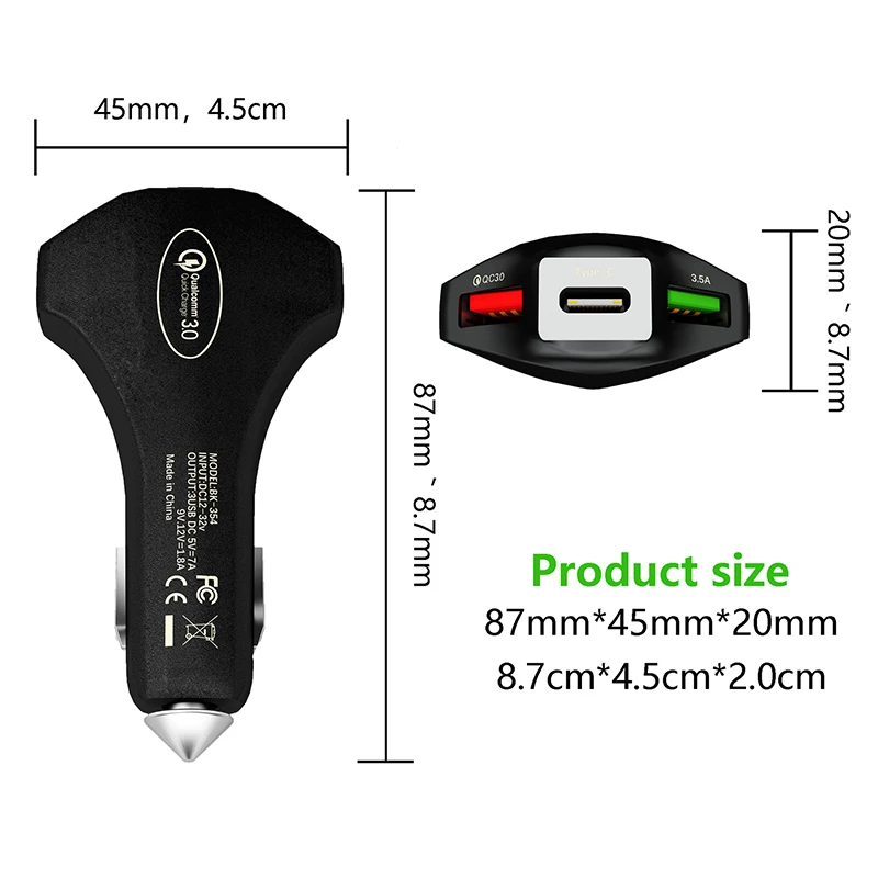 PD USB-C USB Автомобильное зарядное устройство для прикуривателя QC3.0 с 3 портами Mini-C