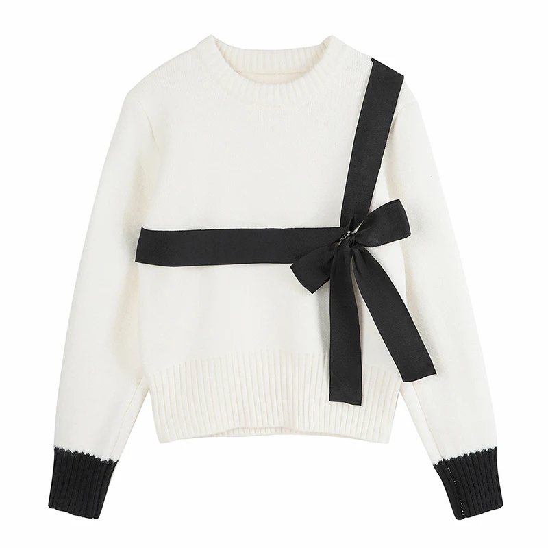 

Bownot Sweater Women Long Sleeve Contrast Color Pullover Crop Knitwear Stylish 2021 Chic Elegant Crewneck Ulzzang Knitted Tops