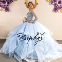 Puffy Ball Gown Baby Blue Quinceanera Dresses Long Sleeves Tiered Tulle Exquisite Beads Corset Back Sweet 16 Girls Party Gowns