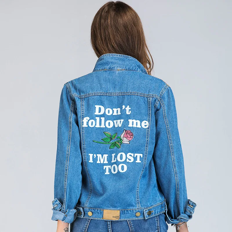 

Women Basic Denim Coats Autumn Vintage Rose Letter Embroidery Jacket Long Sleeve Loose Plus Size 5XL Jeans Jackets Girls Outwear