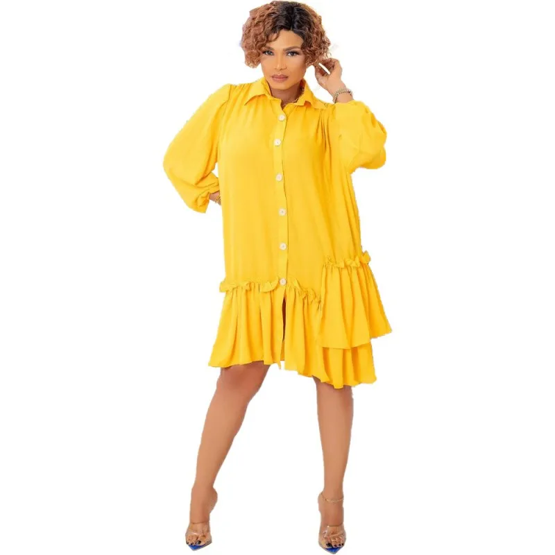 

African Shirt Dresses For Women Puff Sleeve Turn Down Collar Loose Robes Autumn New Solid Ruffle Splice African Streetwear Dress