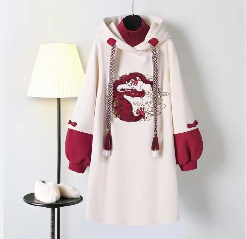

Women's Autumn Dresses 2021 New Chinese Style Improved Cheongsam Hooded Dress Temperament Was Thin Female Plus Size Dress