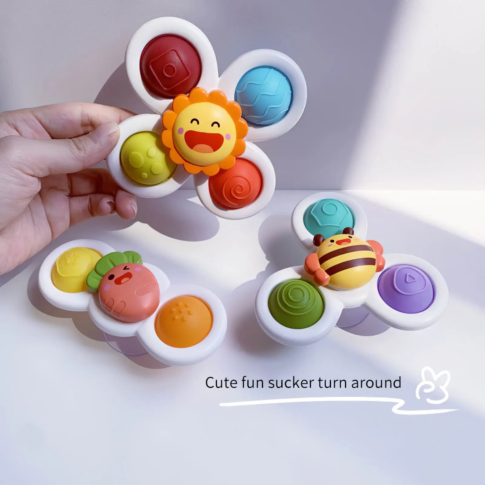 

Portable Cartoon Spinner Bath Toy Bright Color Hand-Eye Coordination Exercise With Suction Cup Wall Mount Baby Bath Toys
