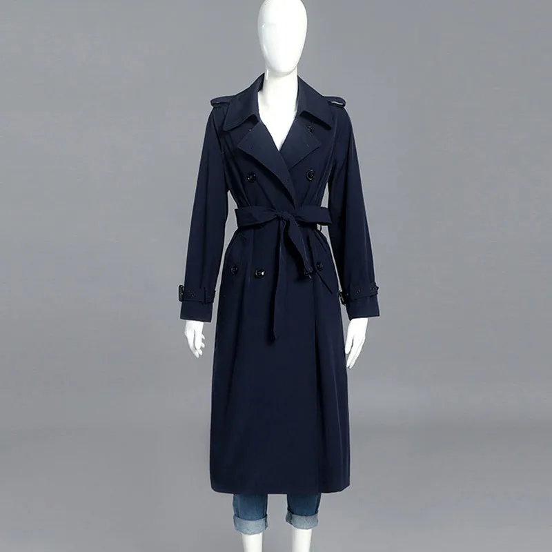 Высокое качество Темно синие Тренч длинное пальто 2019 Новый Для женщин элегантные