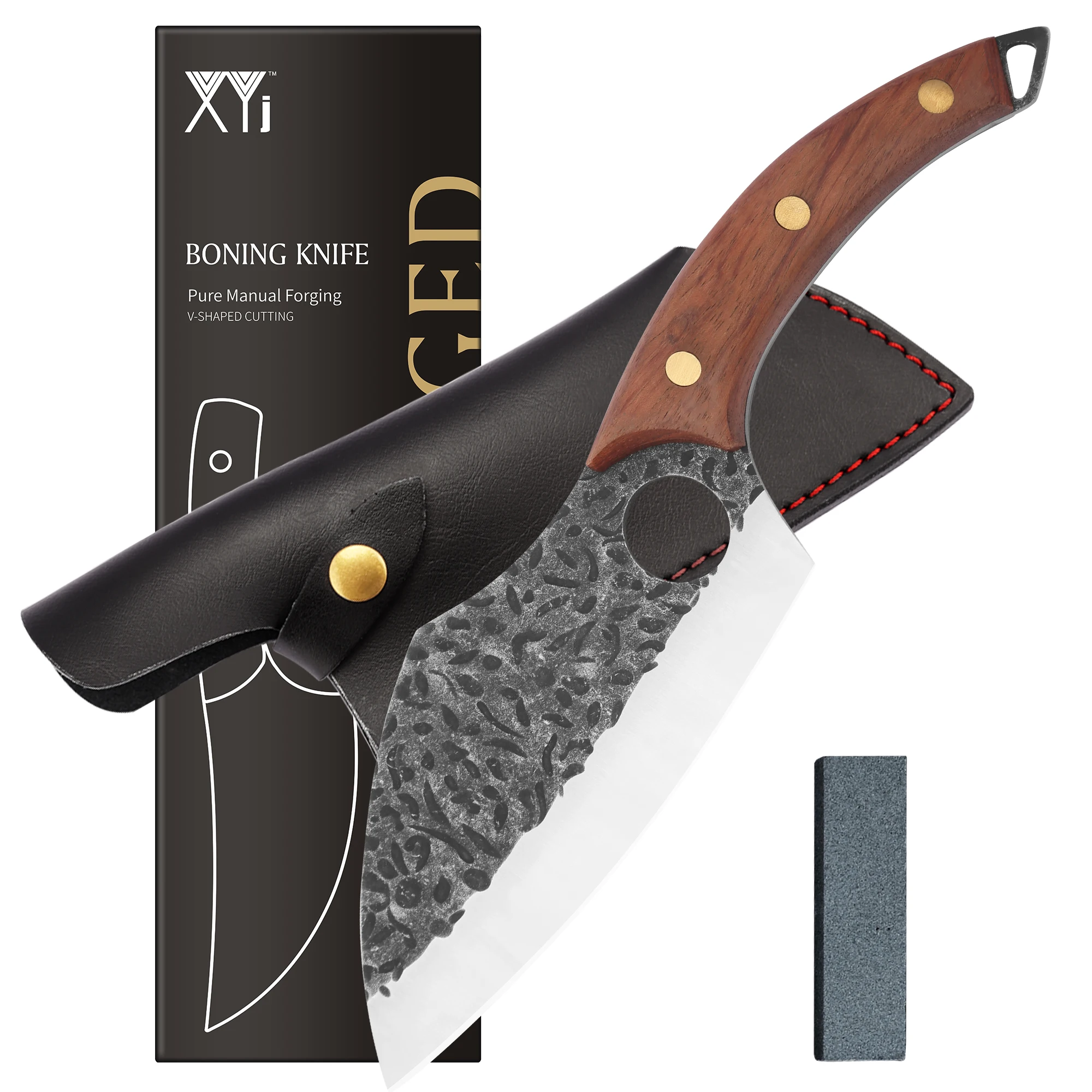 

XYj 6 Inch Slicer Camping Knife With Sheath Whetstone Full Tang Stainless Steel Hammer Finish Fishing Boning Hunting Knife