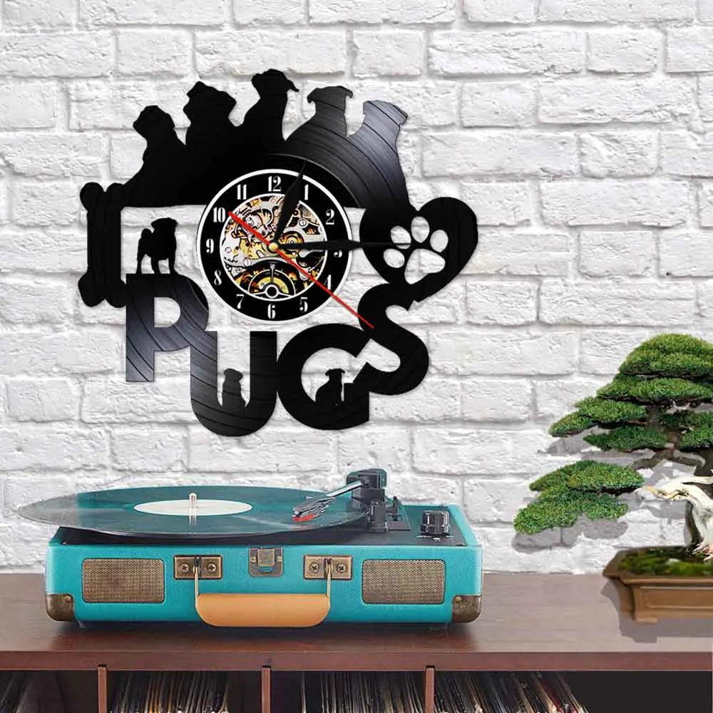 Pug Time Funny Puppy Cute Dog Vintage Vinyl Record Wall Clock Silent Movement Retro LP Arts &amp Crafts Decorative Watch | Дом и сад