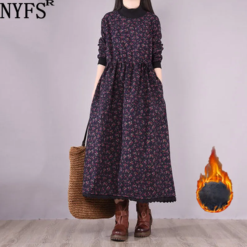 

Женское бархатное платье NYFS, свободное платье из хлопка и льна с цветочным кружевом в стиле пэчворк, для зимы, 2021