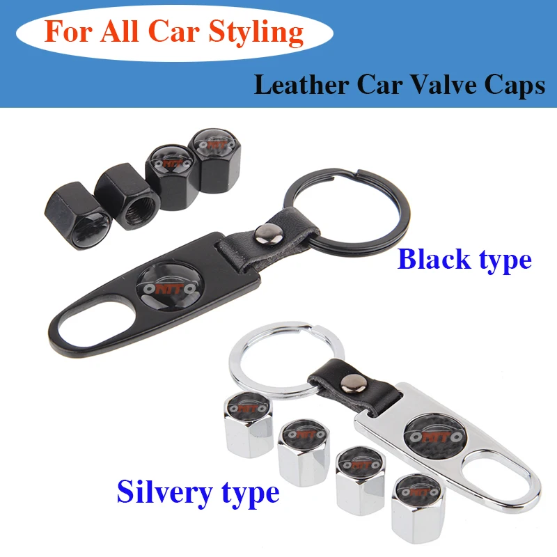 

1set Metal Keychain +Black Leather Car Rim Tire Valve Caps Covers Auto Accessory for all car logo