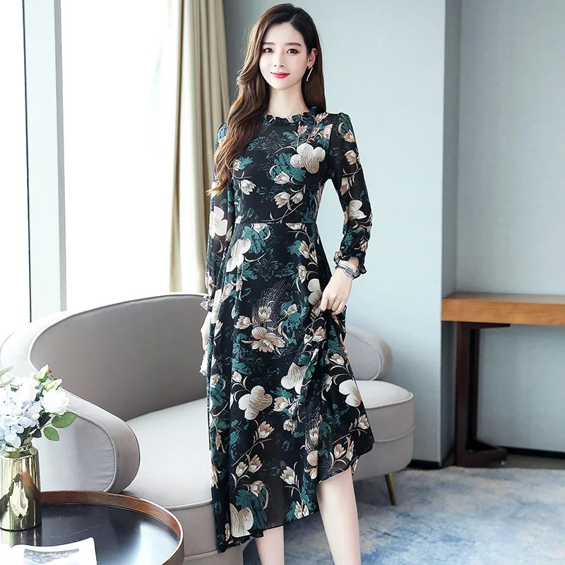 2019 new early autumn thin chiffon dress women long sleeves elegant temperament print dresses