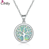 cinily green white fire opal necklaces pendants silver plated tree of life family roots round charm couples jewelry men grils