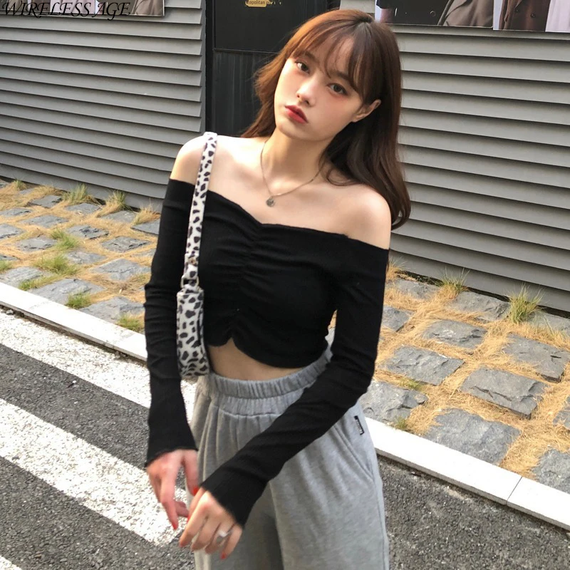 

WIRELESS AGE T Shirt Women Long Sleeve Off Shoulder Splicing Slim Fit Sexy Retro Commute Women's Tops New Summer Fashion Wild