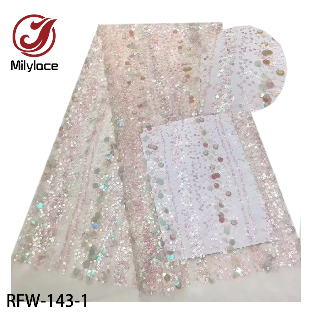 

New African Sequins Mesh Lace Fabric High Quality French Nigerian Net Tulle Lace Fabric for Wedding Party RFW-143