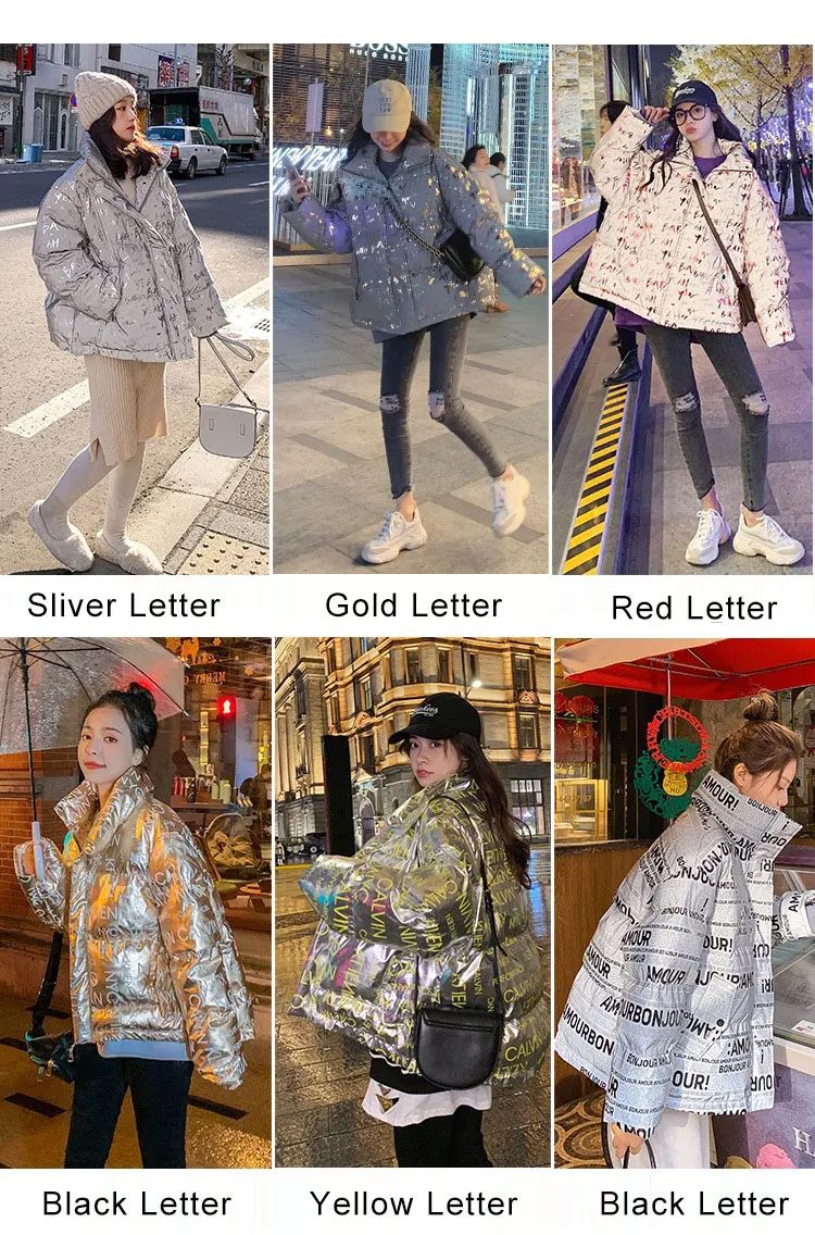

Preppy Style E Girl Parkas Fluorescent Color Letters Stand-up Collar Loose Women Coat Y2K Warm Winter Clothing