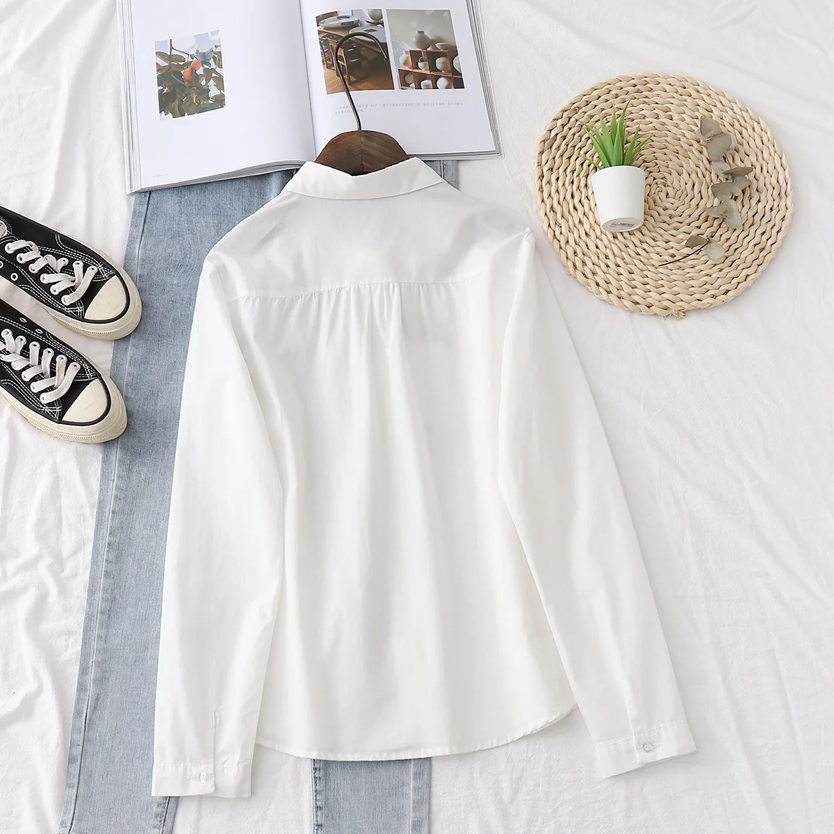 

Preppy Style Sweet Cotton Shirts Women Simple Lapel Collar Long Sleeve Cartoon Birds Embroidery Loose Blusas Student Cute Tops