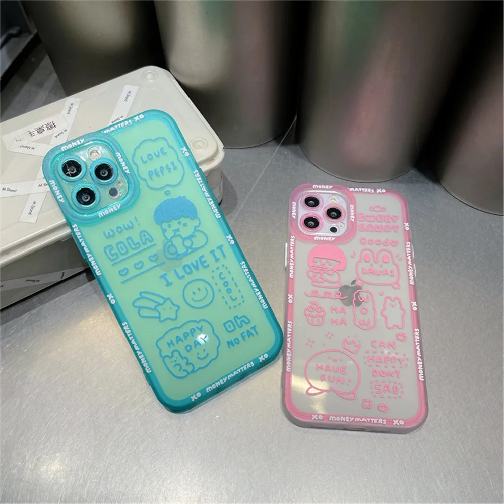 

Fluorescence Frosted Cartoon Couple Phone Case For iPhone 13 12 11 PRO MAX XS X XR 7 8 PLUS Clear Silicone Soft Protective Cover