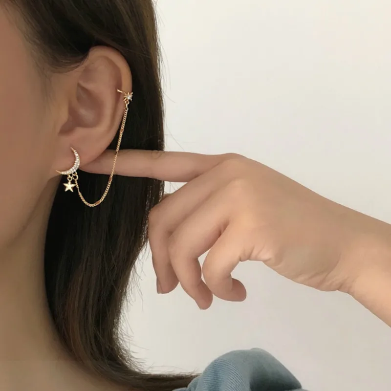 

Simple Moon Star Rhinestone Long Chain Earrings for Women Shining Sun Crescent Geometric Tassel Double Ear Hole One Earring