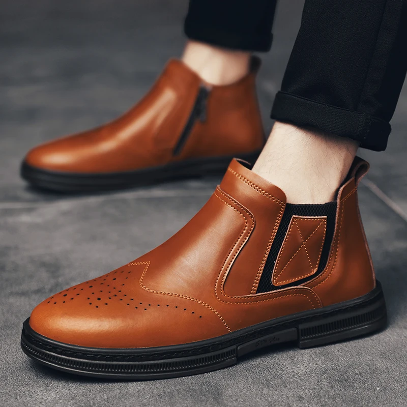 Мужские Ботильоны из натуральной кожи плиссированные мотоботинки высокие