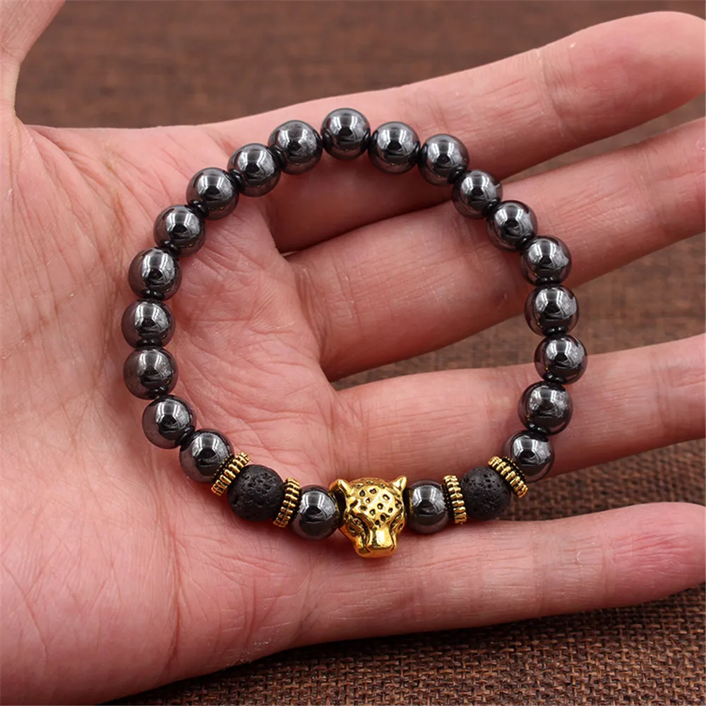 Мужская Корона из вулканического камня с бусинами браслет головой льва голова