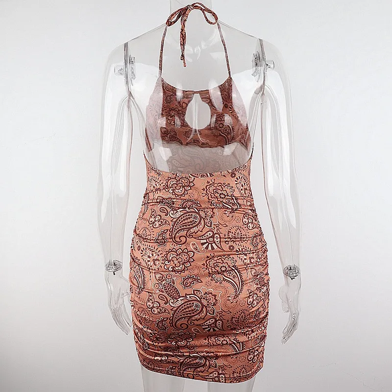 

Vintage Floral Printed Mini Dress Women Summer Halter Hollow Out Backless Bodycon Beachwear Sexy Sleeveless Vestido 2021
