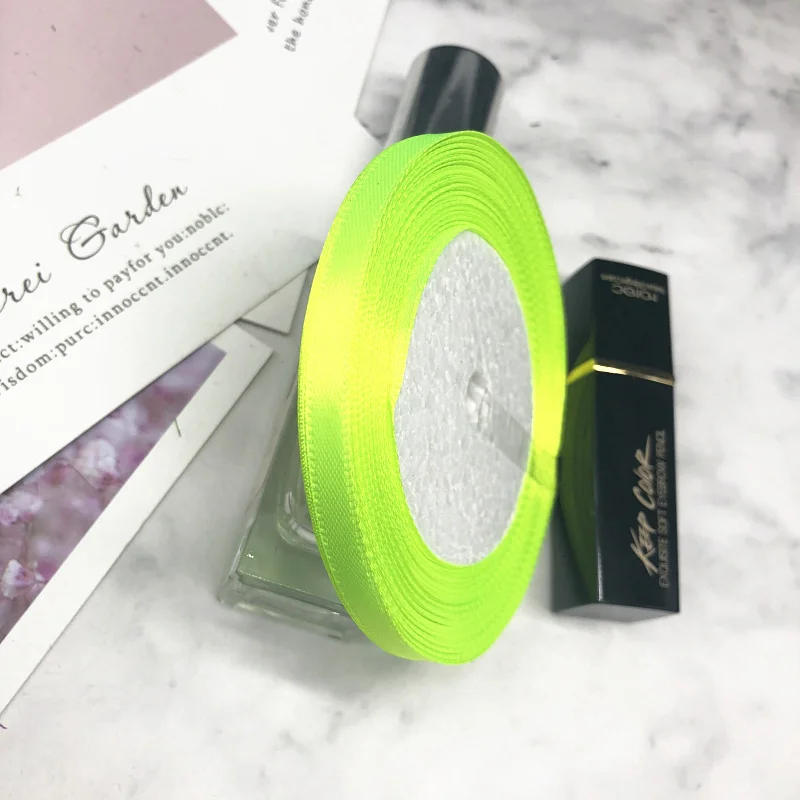 Fluorescent green HINDJEF 6 мм 25 ярдов Розовый Шелковый Атласный органза полиэстер лента для шитья Свадебная вечеринка ручной работы украшения тесьма подарочная упаковка - Цвет: Fluorescent green