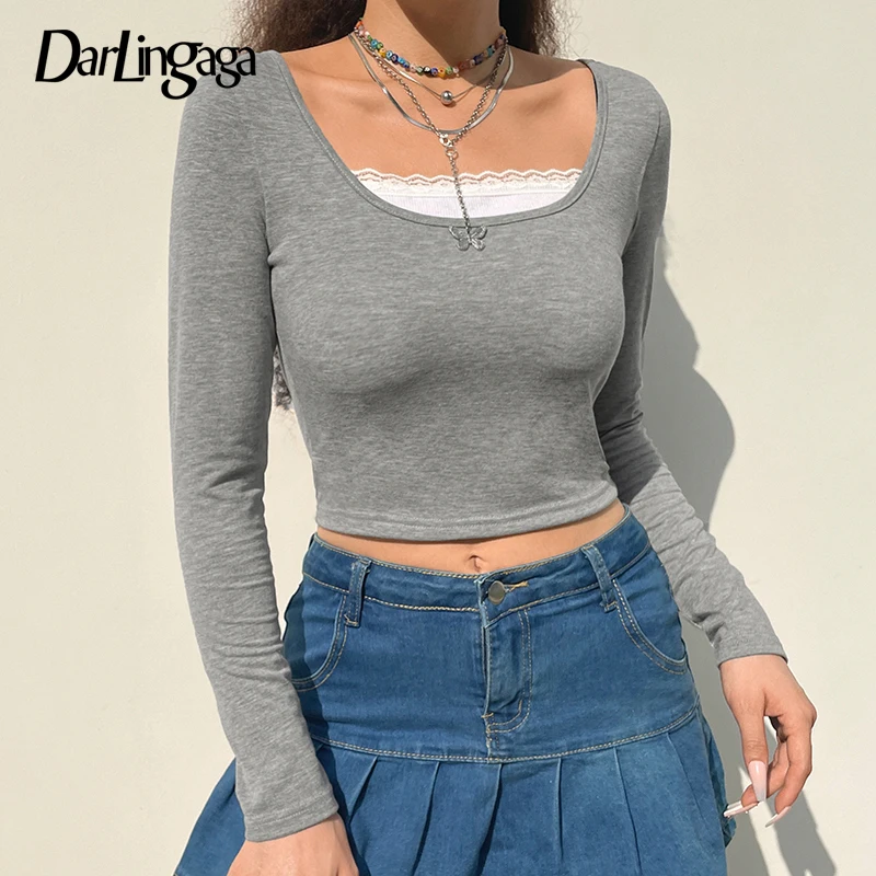 

Darlingaga Casual Long Sleeve Patchwork Lace Bodycon Autumn T-shirts for Women Basic Cropped Tops Tees Harajuku Cute Clothes New