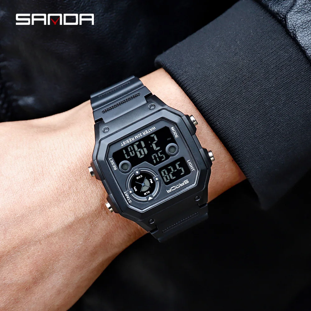 SANDA Брендовые мужские спортивные часы модные Chronos обратного отсчета мужские водонепроницаемые светодиодный цифровые часы мужские военные часы Relogio Masculino